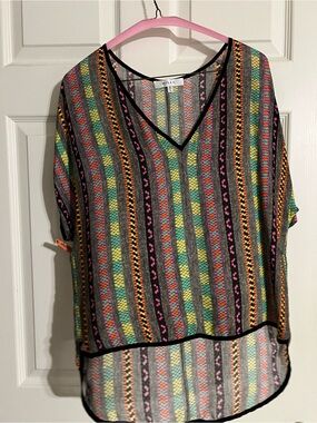 Milly Multicolor Vertical Stripe V-Neck Tunic — Pink, Green, Yellow & Black